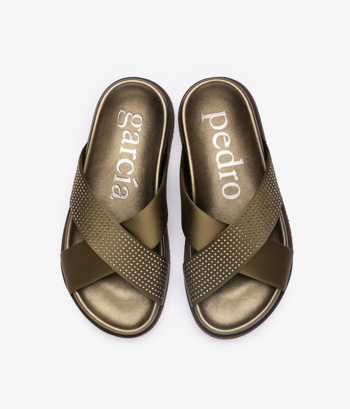 PEDRO GARCIA DALIANA OLIVADE SATIN SLIDE SHOES | Shop now at Main &amp; Taylor Shoes!