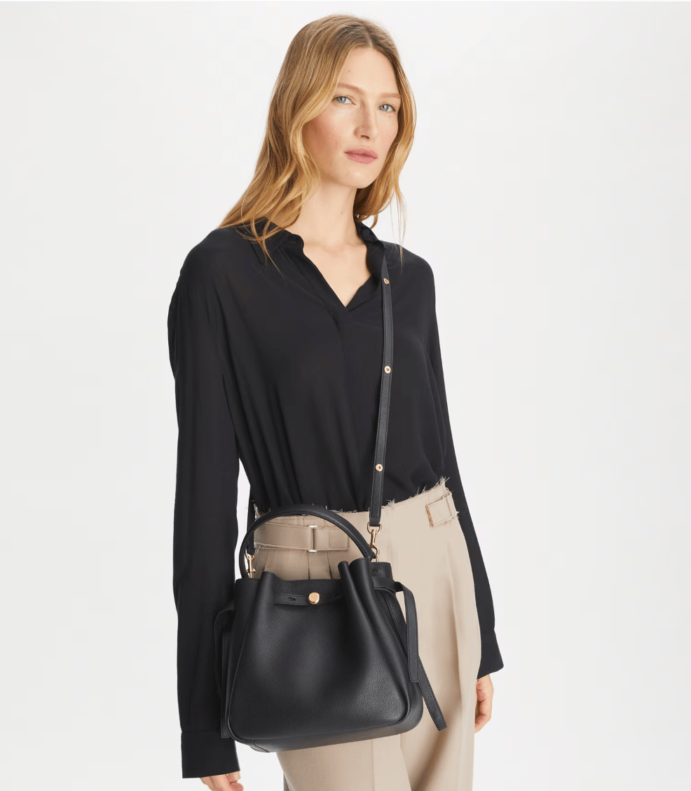 TORY BURCH HANDBAGS ROMY BUCKET BAG BLACK HANDBAGS | Shop now at Main & Taylor Shoes!
