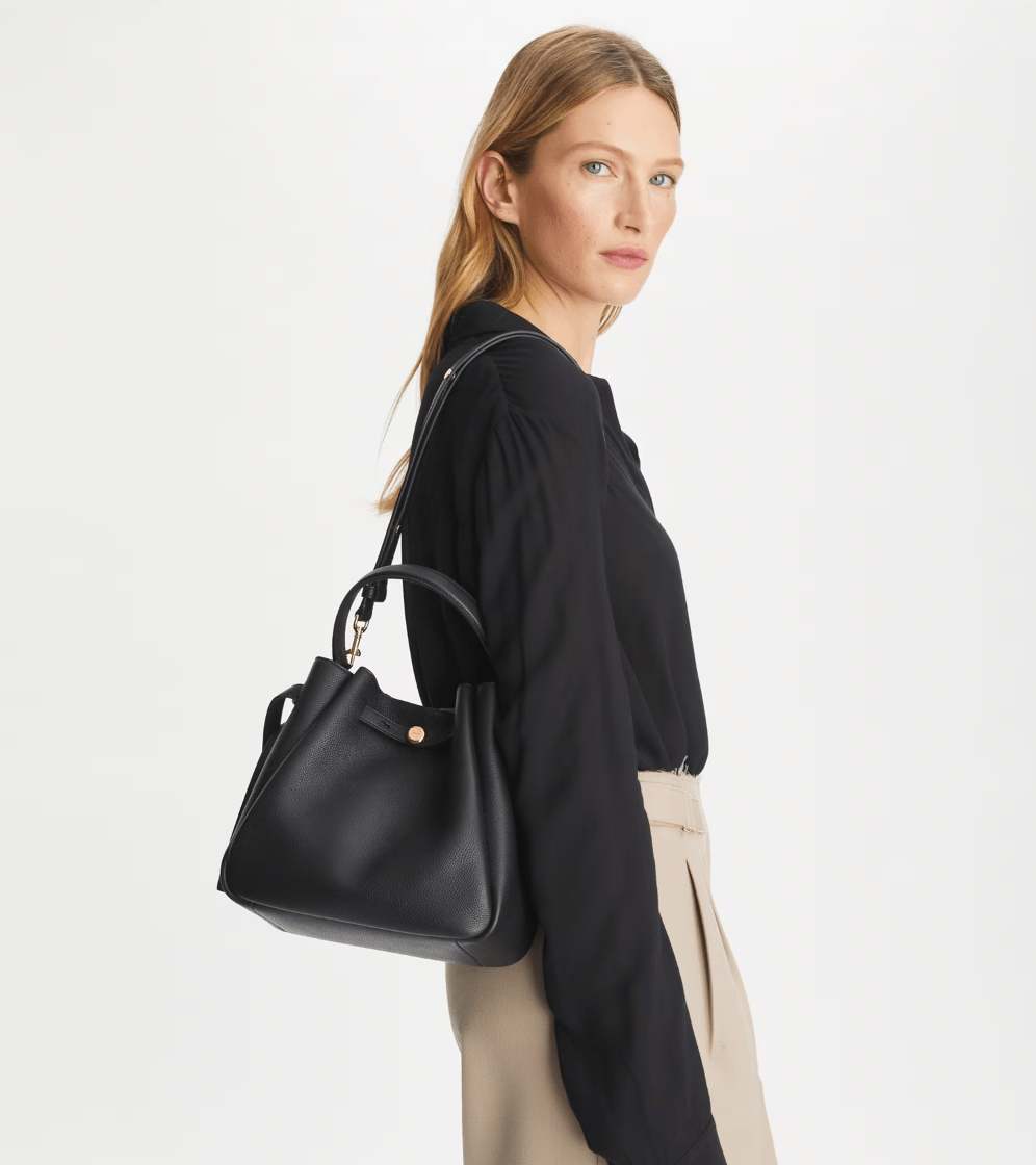 TORY BURCH HANDBAGS ROMY BUCKET BAG BLACK HANDBAGS | Shop now at Main & Taylor Shoes!