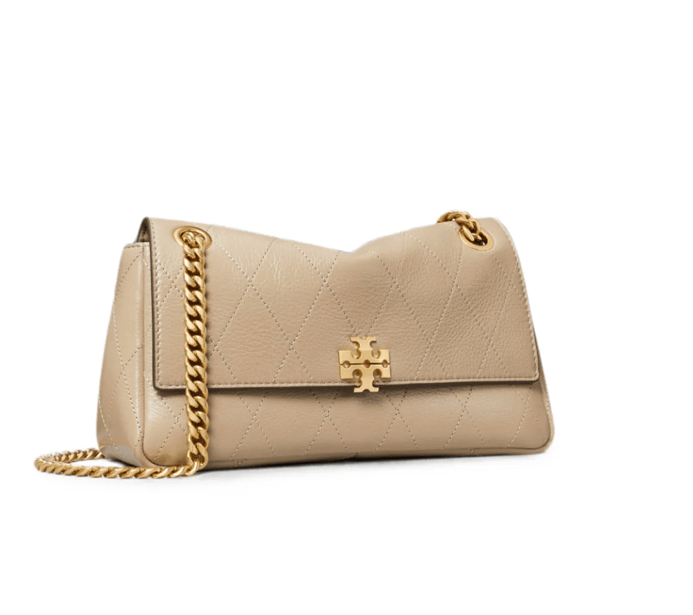 Tory Burch Handbag CHARLIE QUILTED SMALL SHOULDER SOFT CEMENT Handbags | Shop now at Main & Taylor Shoes!