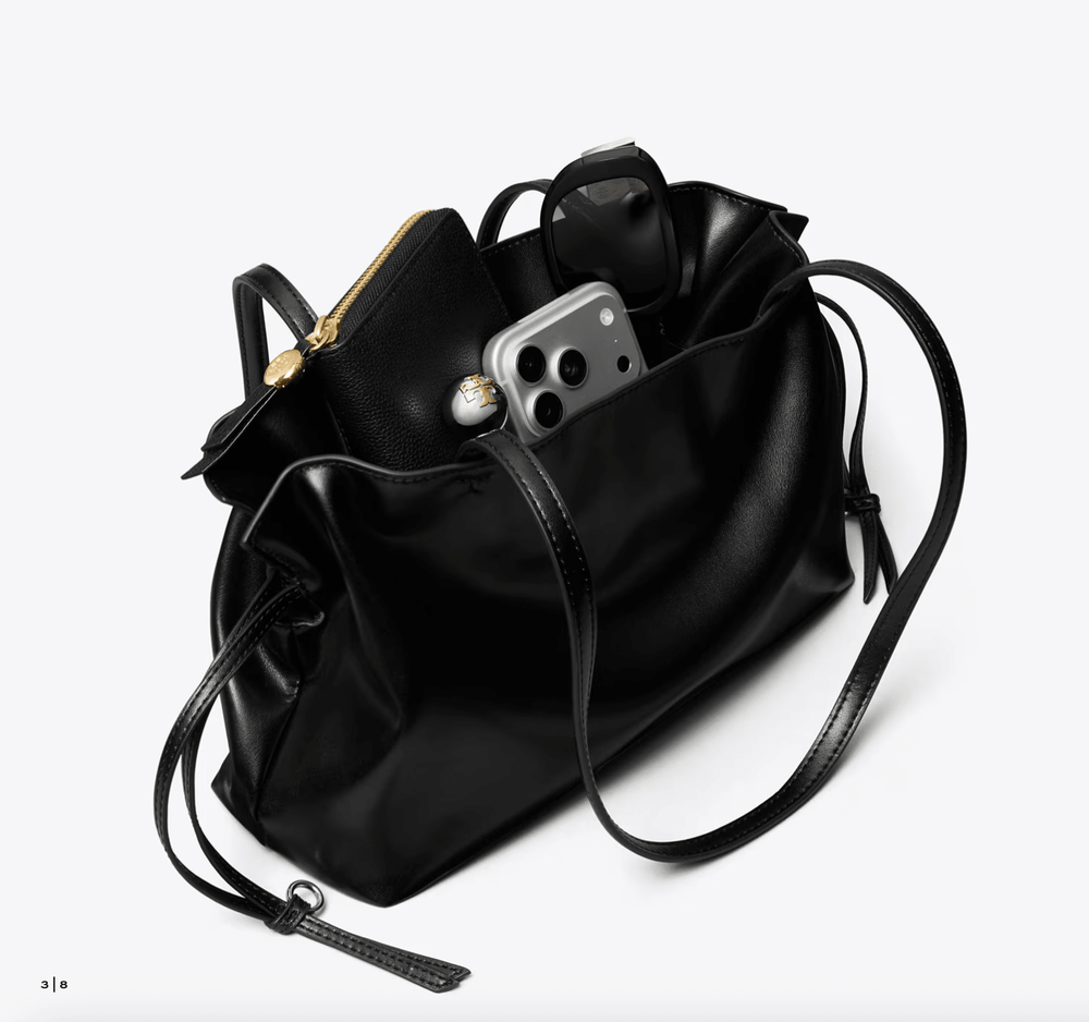 Tory Burch Handbag ELLA RECYCLED DRAWSTRING TOTE SMALL BLACK Handbags | Shop now at Main & Taylor Shoes!
