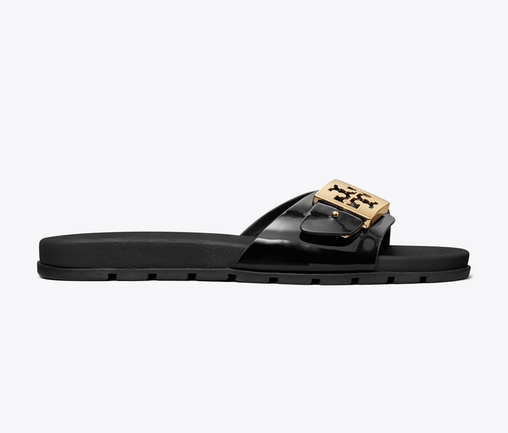TORY BURCH MELLOW BUCKLE SLIDE BLACK/GOLD SANDAL SHOES | Shop now at Main &amp; Taylor Shoes!