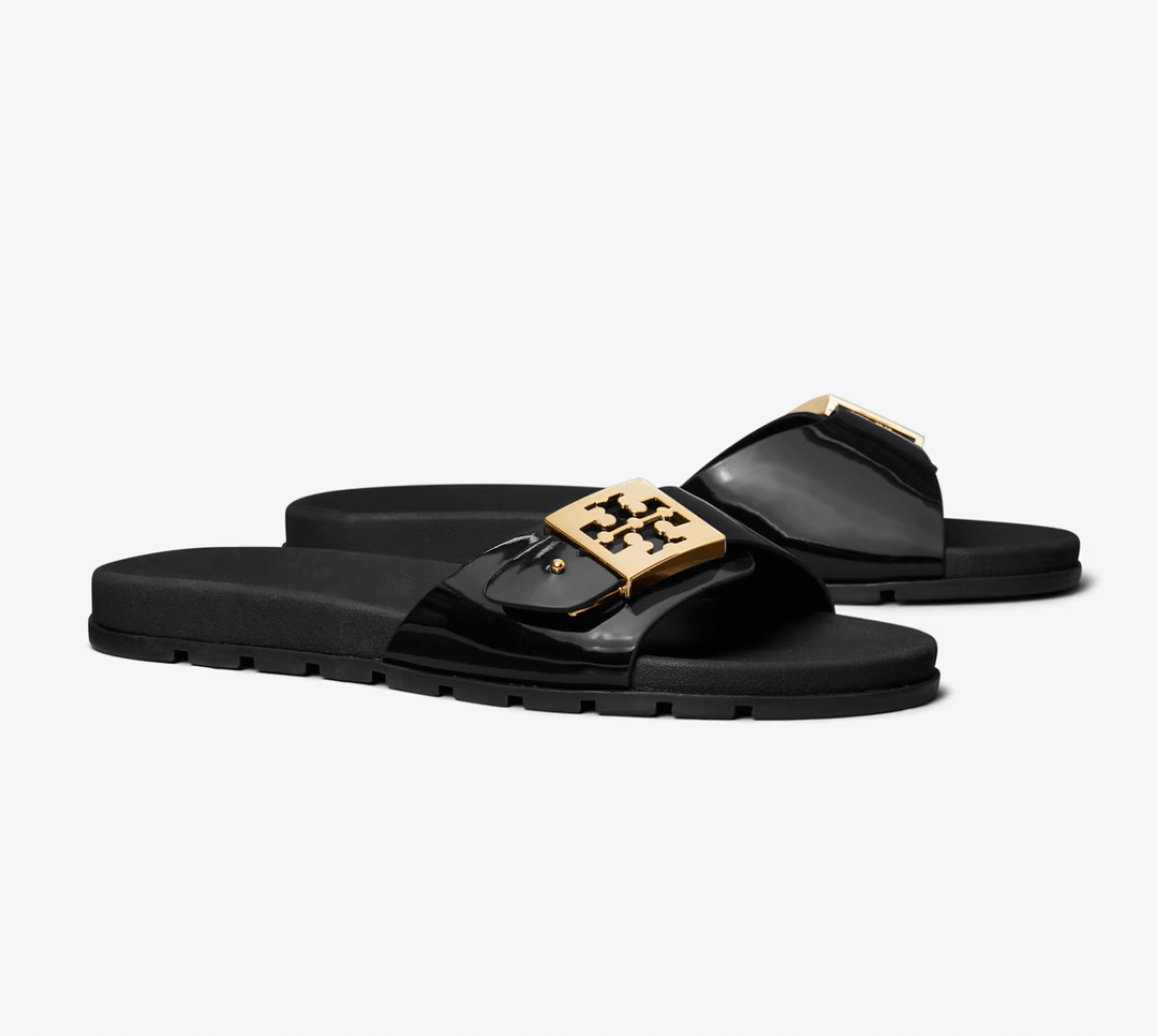 TORY BURCH MELLOW BUCKLE SLIDE BLACK/GOLD SANDAL SHOES | Shop now at Main &amp; Taylor Shoes!