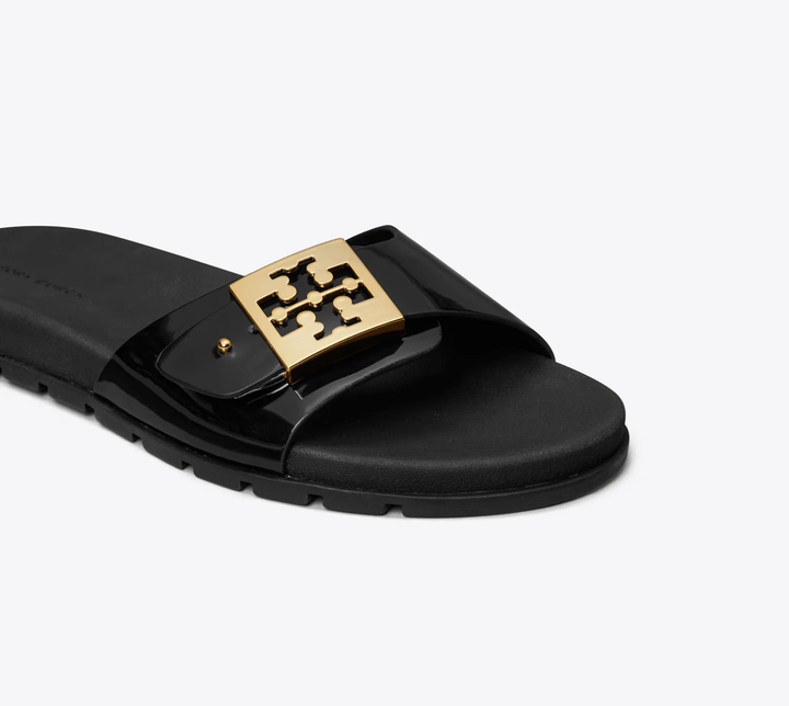 TORY BURCH MELLOW BUCKLE SLIDE BLACK/GOLD SANDAL SHOES | Shop now at Main &amp; Taylor Shoes!