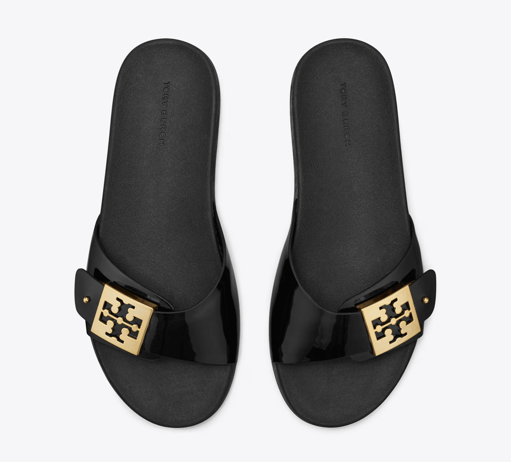 TORY BURCH MELLOW BUCKLE SLIDE BLACK/GOLD SANDAL SHOES | Shop now at Main & Taylor Shoes!