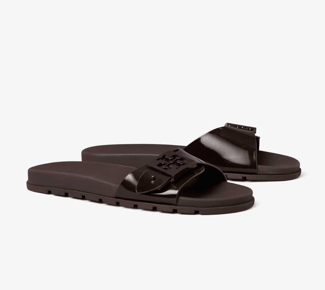 TORY BURCH MELLOW BUCKLE SLIDE DARK COCOA SHOES | Shop now at Main &amp; Taylor Shoes!