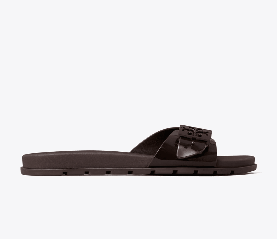 TORY BURCH MELLOW BUCKLE SLIDE DARK COCOA SHOES | Shop now at Main &amp; Taylor Shoes!