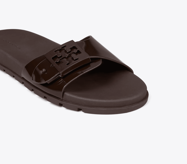 TORY BURCH MELLOW BUCKLE SLIDE DARK COCOA SHOES | Shop now at Main &amp; Taylor Shoes!