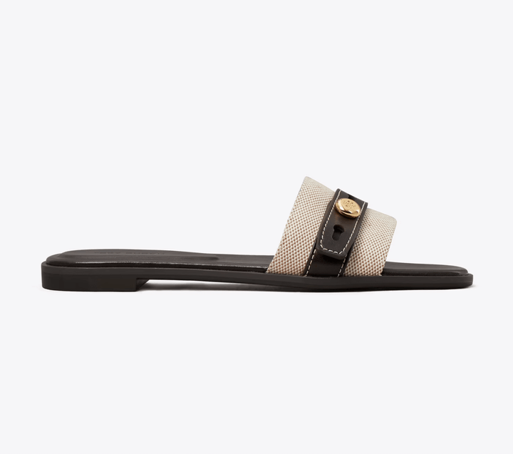 Tory Burch ROMY SLIDE NATURAL/BROWN SANDAL Shoes | Shop now at Main &amp; Taylor Shoes!