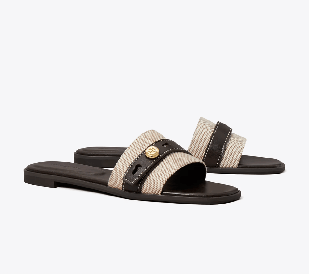 Tory Burch ROMY SLIDE NATURAL/BROWN SANDAL Shoes | Shop now at Main & Taylor Shoes!