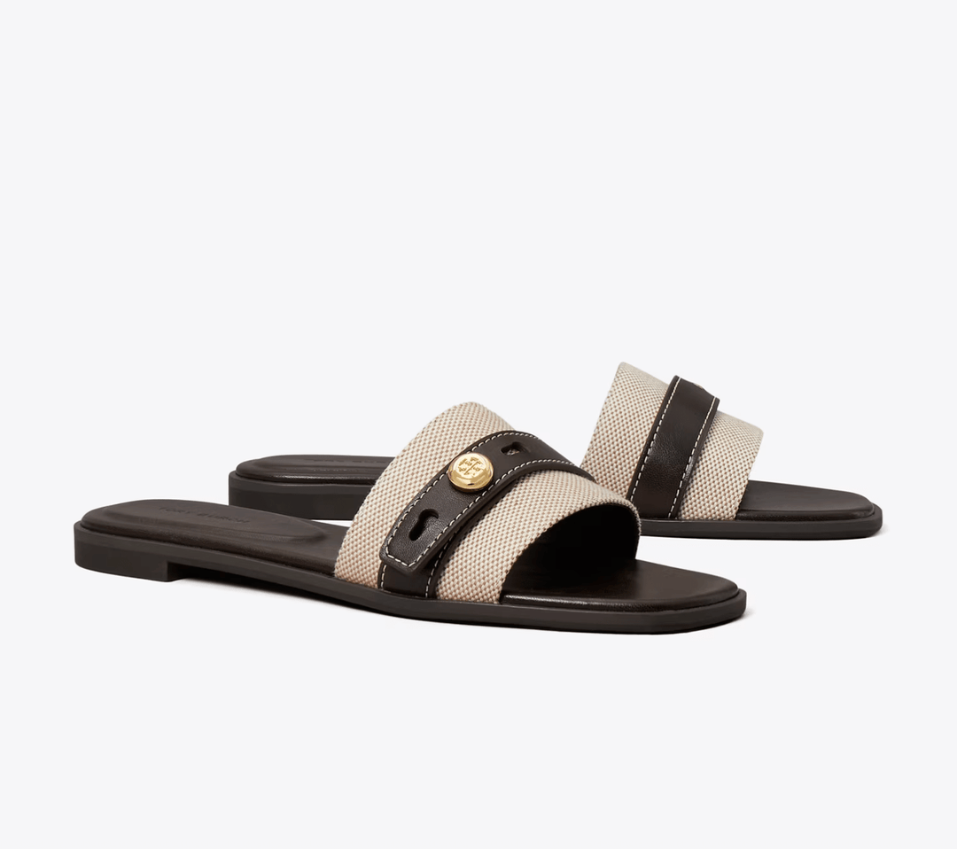 Tory Burch ROMY SLIDE NATURAL/BROWN SANDAL Shoes | Shop now at Main &amp; Taylor Shoes!